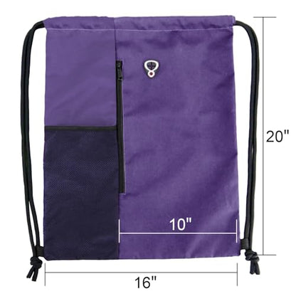 BeeGreen Dark Purple Drawstring Backpack Gym Bag For Men & Women – Sports Sackpack with Mesh Water Bottle Holder & 2 Zippered Pockets – Large 16x20 Inch Cinch String Backpack - color: Dark Purple, style: Drawstring With Mesh Pocket