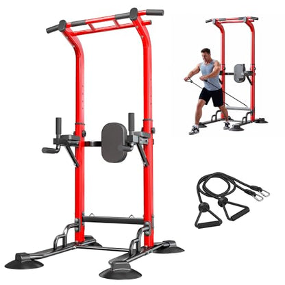 soges Power Tower Pull Up Bar Station, Dip Station for Home Gym, Height Adjustable Heavy Duty Strength Home Training Fitness Workout Equipment - color: Red-Bands