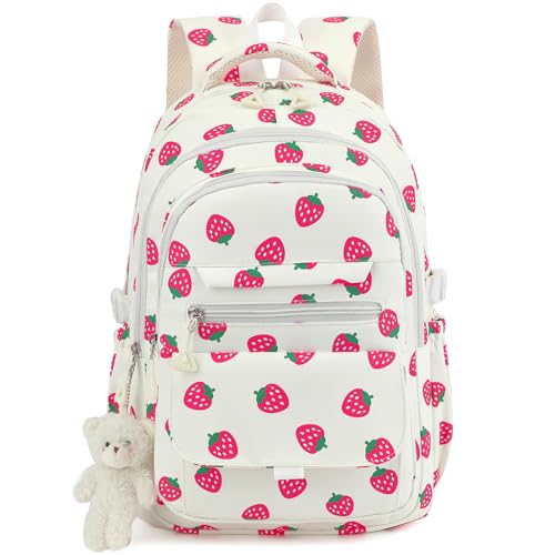 PRLINJSK Girls Backpack for College High Middle School Student, Cute Aesthetic Bookbag for Teens Women with Accessories, Beige Strawberry - color: Strawberry Beige, size: 17.5 Inch