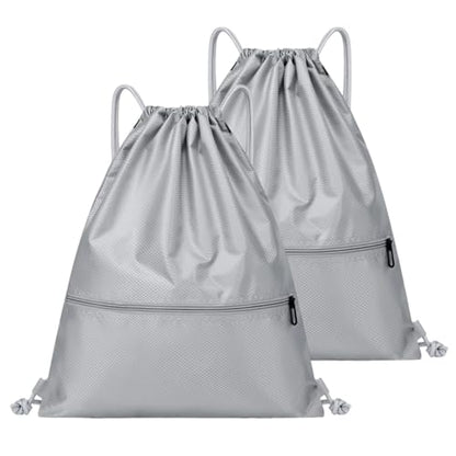 Water Resistant Drawstring Gym Sack Cinch Bag with Zipper Side Pocket, Pack of 2 (Backpack D, Grey) - color: Grey, style: Backpack D