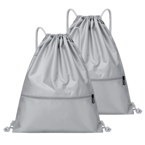 Water Resistant Drawstring Gym Sack Cinch Bag with Zipper Side Pocket, Pack of 2 (Backpack D, Grey) - color: Grey, style: Backpack D