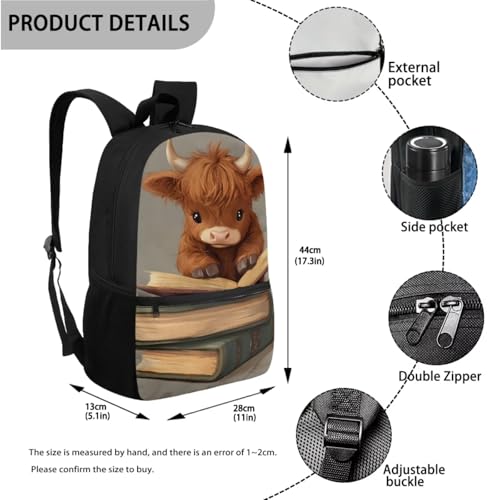 ZOUTAIRONG Cute Highland Cow Backpack for School Mini Thermos School Bags for Girls Boys 7-10/10-12/12-16, Large Capacity Casual Bookbag with Side Pockets - color: Cute Highland Cow