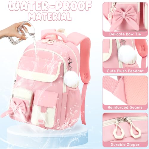 Kids Backpack for Girls, 3PCS School Backpack Set with Insulated Lunch Box & Pencil Case, Waterproof Lightweight Bookbag for Elementary & Middle School, Cute Bow Travel Daypack Pink-Beige - color: Pink-beige