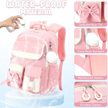 Kids Backpack for Girls, 3PCS School Backpack Set with Insulated Lunch Box & Pencil Case, Waterproof Lightweight Bookbag for Elementary & Middle School, Cute Bow Travel Daypack Pink-Beige - color: Pink-beige