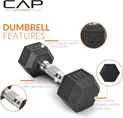 CAP Rubber Coated Hex Dumbbell Set with Storage Rack | 100–210 lb Options, Space-Saving Vertical Compact Storage for Home Gym Strength Training - size: 100 lb - Set, style: Chrome Handles