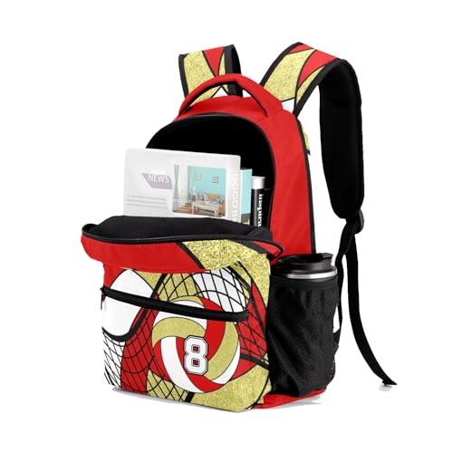 Volleyball Red Gold School Backpack Waterproof Shoulder Bag for Sport Training Competition Gift - color: Volleyball Red Gold