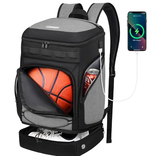 Basketball Backpack Bag Large Sports Bag with Separate Ball holder & Shoes compartment, Best for Basketball, Soccer,Volleyball,Gym - color: Grey