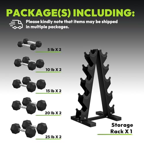 HANDBODE Rubber Coated Hex Dumbbell Set with A-Frame Rack, 100 lb - 600 lb Multiple Options Weight, Hexagon Non-Rolling Shape, Ergonomic Knurled Handle, Home Gym Equipment for Strength Training - style: 150 lb (5, 10, 15, 20, 25 lb) X 2 & Rack