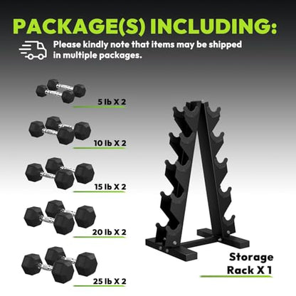HANDBODE Rubber Coated Hex Dumbbell Set with A-Frame Rack, 100 lb - 600 lb Multiple Options Weight, Hexagon Non-Rolling Shape, Ergonomic Knurled Handle, Home Gym Equipment for Strength Training - style: 150 lb (5, 10, 15, 20, 25 lb) X 2 & Rack