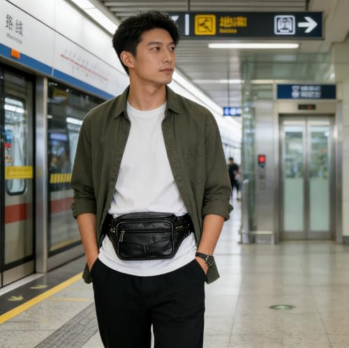 large 6 Pockets Leather Fanny Pack Travel Waist packs Waist Pack Suitable for Outdoor Mountaineering Travel Camping Cycling Running etc Fanny packs (Black) - color: Black 2025 model