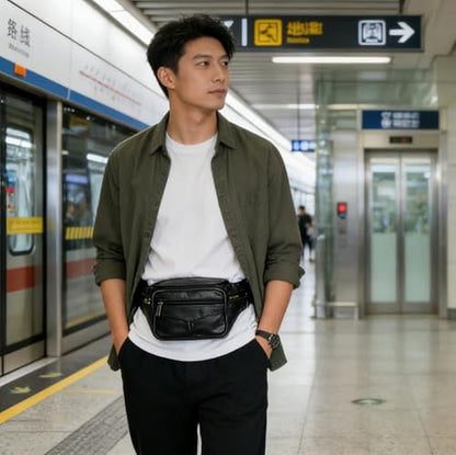 large 6 Pockets Leather Fanny Pack Travel Waist packs Waist Pack Suitable for Outdoor Mountaineering Travel Camping Cycling Running etc Fanny packs (Black) - color: Black 2025 model