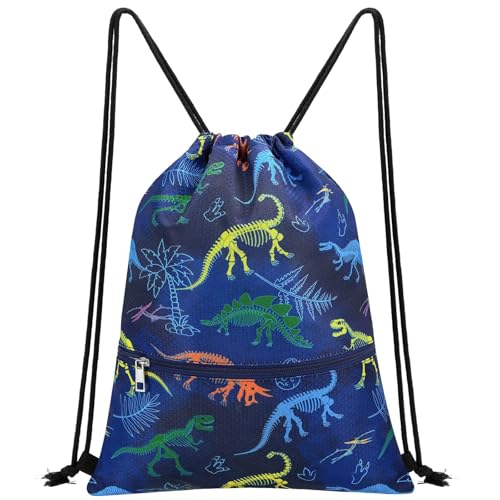 WAWASAM Kids Drawstring Backpack, Gym Swim Bag Cinch Bag for Girls Boys with Zipper Pocket - color: Dinosuar E