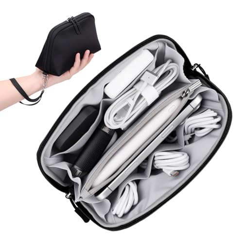 FYY Travel Cable Organizer - 8 Compartments Lightweight Water Resistant Tech Pouch with Wrist Strap, Portable Electronic Accessories Case for Cord Charger Storage for Travel Home Office, Black (Small) - color: Black, style: S