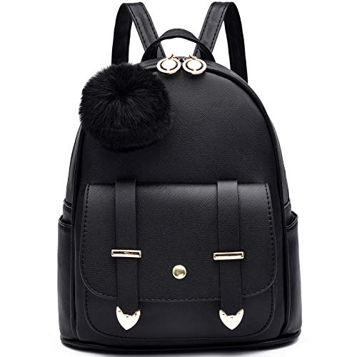 I IHAYNER Girls Fashion Backpack Mini Backpack Purse for Women Teenage Girls Purses PU Leather Pompom Backpack Shoulder Bag - color: Black