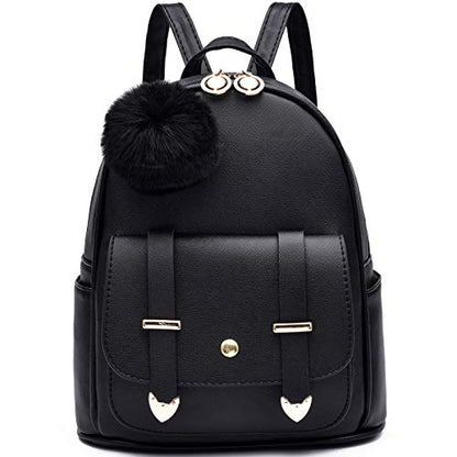 I IHAYNER Girls Fashion Backpack Mini Backpack Purse for Women Teenage Girls Purses PU Leather Pompom Backpack Shoulder Bag - color: Black