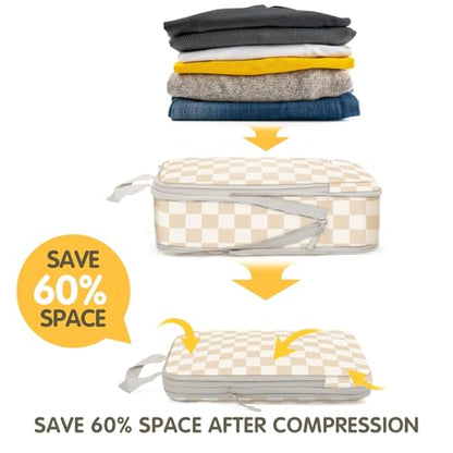 8 Set Compression Packing Cubes Travel, Lightweight Durable Packing Compression Cubes, Accessories Bags Packing Cubes for Travel Luggage Organizer (Khaki Checkered) - color: 8 Set Khaki Checkered