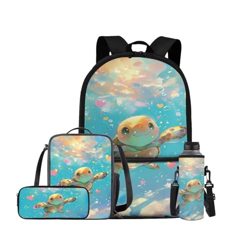 Cute Sea Turtle Backpack for Girls Kids Backpack with Lunch Box Water Bottle Holder with Strap and Large Pencil Case 4PCS Set Bookbag with Front Pocket 17 inch Sturdy Elementary School Bag - color: Cute Sea Turtle