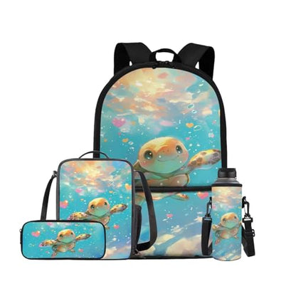 Cute Sea Turtle Backpack for Girls Kids Backpack with Lunch Box Water Bottle Holder with Strap and Large Pencil Case 4PCS Set Bookbag with Front Pocket 17 inch Sturdy Elementary School Bag - color: Cute Sea Turtle