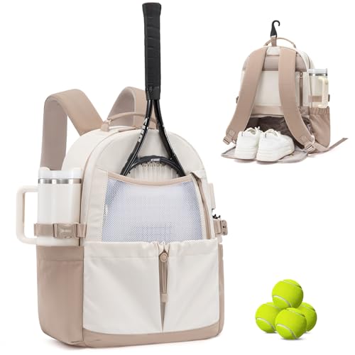 LOVEVOOK Tennis Bag for Women & Men, Fits 27" Rackets, Tennis Backpack with Ventilated Shoe Compartment & Wet Pocket, Ideal for Pickleball, Padel - color: Beige-Khaki, size: 26L 1-2 Rackets