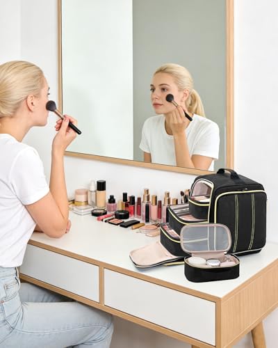 BALULHG Large Travel Makeup Bag - Cosmetic Organizer with 4 Removable transparent Inner Pockets, Multi-functional Toiletry Bag for Accessories & Brushes, Women's Beauty Case,Patent Pending - color: Black
