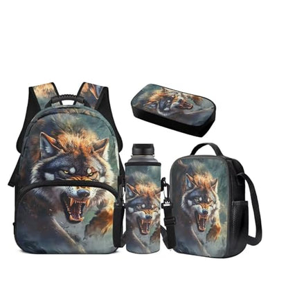 JEOCODY Cool Wolf Backpack Kids School Bag with Lunch Bag Pencil Case Water Bottle Holder Casual Boys Girls Daypack for Travel Hiking Satchel Bagpack 4 Piece Bookbag Purse Set - color: Cool Wolf Patterns