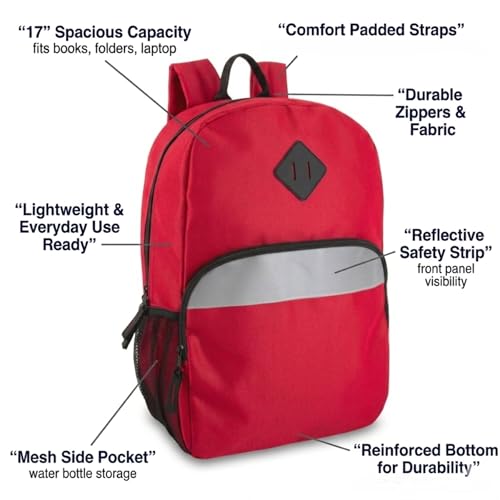 Trail maker 17" Backpack – Reflective School Backpack with Padded Straps, Water Bottle Pockets for Kids & Adults, School Travel Camp (Red) - color: Red