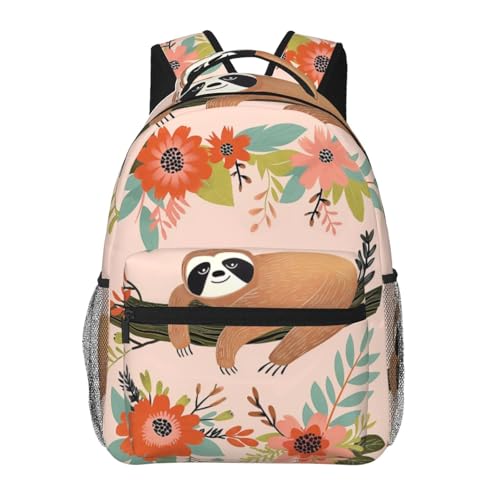 Playful Sloth Flower Backpack with Cushioned Straps for Laptop Tablet,11.4×5.9×15.7in,Animal and Floral Back Pack for Travel School,Multi-Pocket Storage Bookbag,Ideal Gifts for Nature Lovers - color: Sloth 03