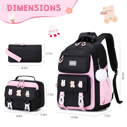 DIGOBAY 3PCS Girls Backpack for School, Kids Backpack for Girls with Lunch Box Pencil Case Set for Teen Girl Elementary Primary Middle High College School Bookbag with Cute Pins (Black-Pink) - color: Black-pink