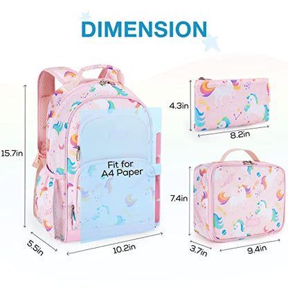 mommore Kids Backpack for Boys Girls 4-8 Kindergarten Elementary School Backpack with Lunch Box - 15” H Fit Folder - color: Pink Purple-custom, style: 3 Pcs