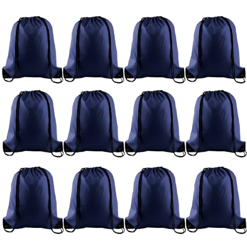 KUUQA 12Pcs Drawstring Backpack Bags Bulk Navy Blue Drawstring Bag Foldable Gym Bag Sports Cinch Sack String Backpack Storage Bags for Women Men Shopping Gym Travel Sports - color: Navy Blue