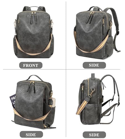 myfriday PU Leather Large Backpack Purse for Women Casual Travel Backpack Convertible Satchel Handbags With Luggage Strap (Grey) - color: Grey