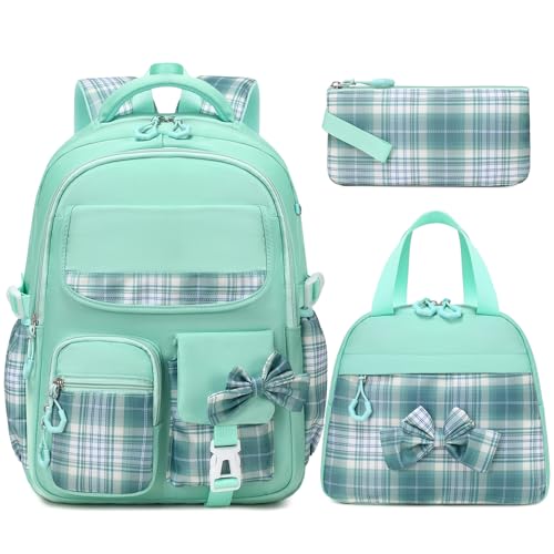 GeeWin School Backpack for Girls, Bookbags Back Pack School Bag for Teen Girl Elementary Middle School Student, Cute Stylish Plaid Girls Backpack with Matching Insulated Lunch Bag & Pencil Bag (Green) - color: Green