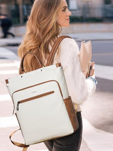 Leather Laptop Backpack for Women, Travel Backpack Purse Fits 15.6 Inch Laptop, Casual Daypack with Laptop Compartment for Men Teachers College Work Business Nurse Weekender, Black - color: 4-1 Beige