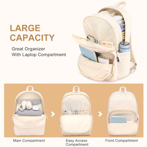 ZUBOND Backpack for Women, Quilted Puffer Casual Daypack, College School Backpack for Girls, Water-Resistant Bookbag for 15.6 Inch Laptop - color: Beige