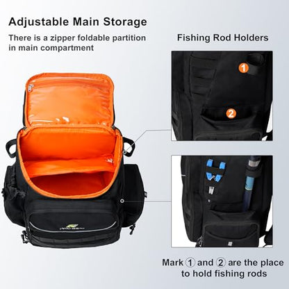 N NEVO RHINO Fishing Tackle Backpack with Rod Holders, 40L Large Fishing Bag with Waterproof Rain Cover,Outdoor Tackle Bag - color: Black Pack with 4 Trays, size: Pack with 4 Trays