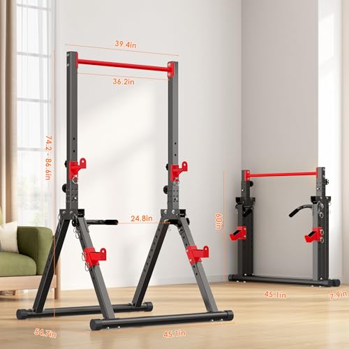 DlandHome Foldable Power Tower Pull Up Bar Dip Station, Adjustable Height Multifunction Workout Pull Up Tower Station for Home Gym, Strength Training Equipment, Triangular Legs, Up to 330lbs - color: Red