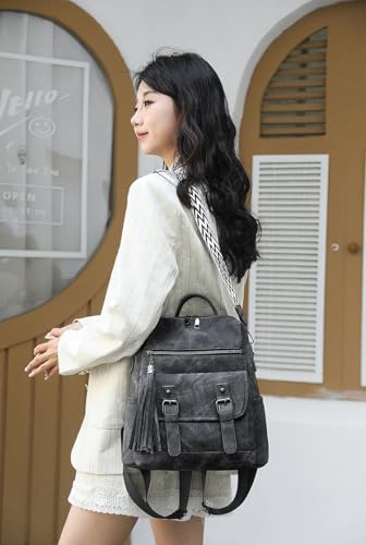 Fashion PU Leather Backpack Purse for Women Travel Backpack Bag with Tassel Ladies Shoulder Handbags Casual Daypack - color: Black