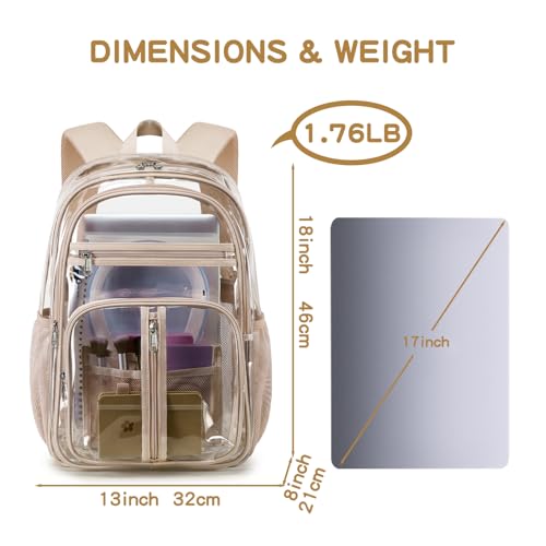 Cusangel XL TPU Clear Backpack Heavy Duty for Stadiums,18in School Bookbag Teens 15+ boys Girls and Adults Multi-Pocket Design & Reinforced Stitching(Gold-18inch) - color: Gold-18inch