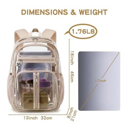 Cusangel XL TPU Clear Backpack Heavy Duty for Stadiums,18in School Bookbag Teens 15+ boys Girls and Adults Multi-Pocket Design & Reinforced Stitching(Gold-18inch) - color: Gold-18inch