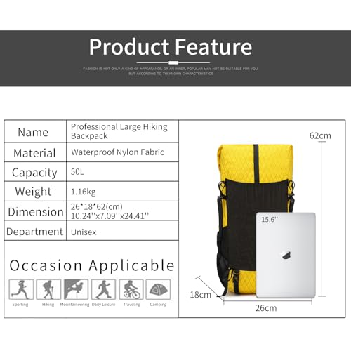 Hiking Backpack,40L to 50L Extra Large Capacity Hiking Bag,Internal Frame Camping Backpack,Upgraded X-PAC Lightweight Sport Daypack Travel Backpack Fit For Mountain Climbing Camping(Yellow) - color: Yellow