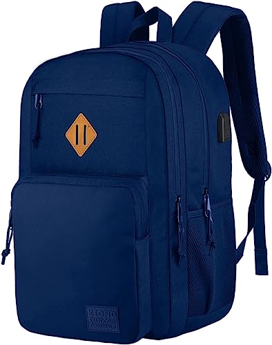 KEOFID Classic Navy Anti-Theft Laptop Backpack for Men and Women, 17.3in x 12.6in x 7.2in, 15.6in Laptop Compartment, USB Charging Port - color: Navy, size: 17.3Inches