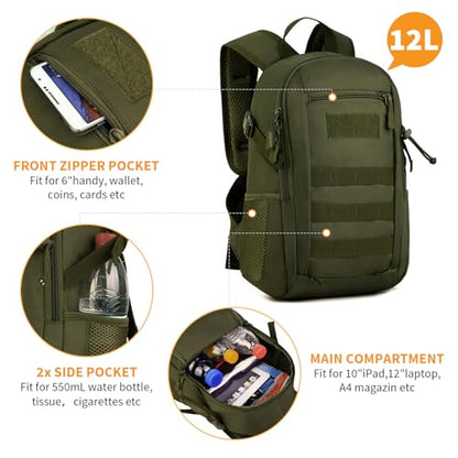 HUNTVP 10L Tactical Backpack Small Backpack Mini Daypack Military MOLLE Rucksack Gear Tactical Assault Pack Bag for Hunting Camping Trekking (10L-Army Green) - color: Army Green, size: 10L