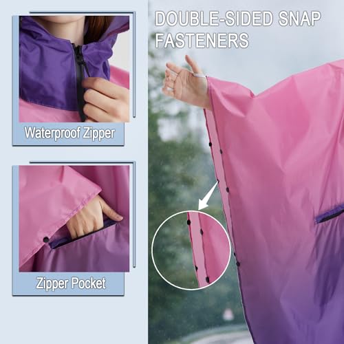 Fashion Hooded Rain Poncho Waterproof Raincoat Jacket with pocket for Women/Men/Adult - color: Gradient Pink/Purple