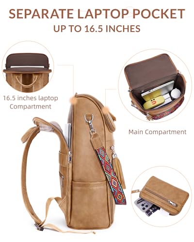 SYTRAH Leather Laptop Backpack for Women Designer Laptop Bag, 16.5 inch Travel Computer Backpacks Purse with Tassel for Work Business with Satchel Purse Camel Brown - color: Camel Brown