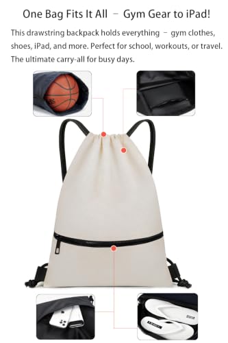 Large Drawstring Gym Bag Beach Backpack Waterproof - Customized Oversized Drawstring Beach Bag with Shoe Compartment for Toiletries, Towels, Gym, Travel(Beige,16.5 * 19 inches) - color: Beige