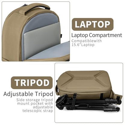 Camera Backpack, Hardshell DSLR Photography Camera Bag with Rain Cover, Waterproof Hard Shell Camera Case with Tripod Holder & 15.6" Laptop Compartment Compatible with Canon/Nikon/Sony/DJI Mavic Drone - color: Khaki