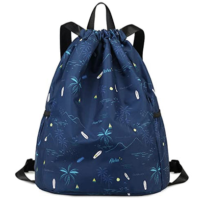 Drawstring Backpack for Kids - Coconut Tree Bags for Girls Mini Gym Dance Beach Swim Travel Bag With Two Water Bottle Holder Dark Blue Clinch Bag - color: Coconut Tree Dark Blue