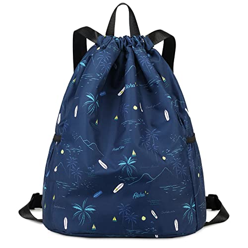 Drawstring Backpack for Kids - Coconut Tree Bags for Girls Mini Gym Dance Beach Swim Travel Bag With Two Water Bottle Holder Dark Blue Clinch Bag - color: Coconut Tree Dark Blue