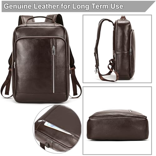Genuine Leather 15.6 Inch Laptop Backpack for Men, Multi Pocket Slim Daypack Shoulder Bag with Trolley Sleeve for Business Travel (Brown) - color: Y80&28y Coffee