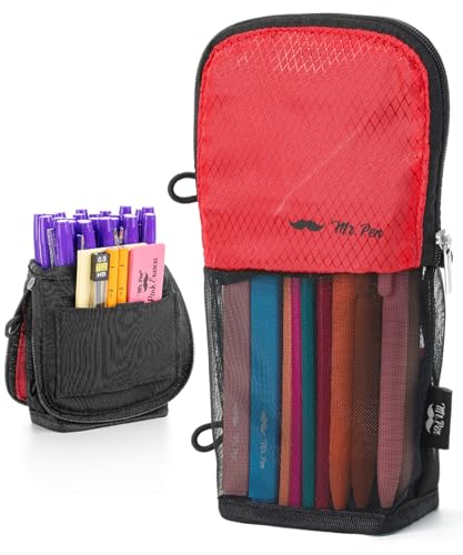 Mr. Pen- Standing Pencil Case Pouch, Sit & Lay Mesh-View Design, Black & Red, Interior Pocket & 2 Elastic Binder Loops, Cute Pencil Case for Girls and Boys - color: Black & Red